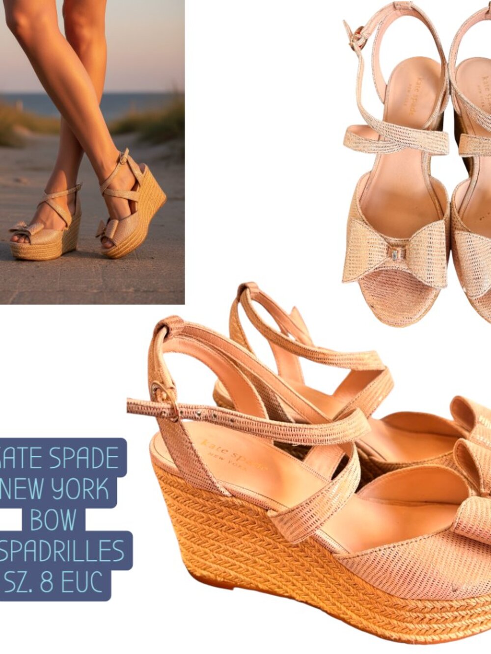 KATE SPADE NEW YORK "Thelma" Bow Espadrille Wedge Sandals 🎀🐚 SIZE 8 EUC